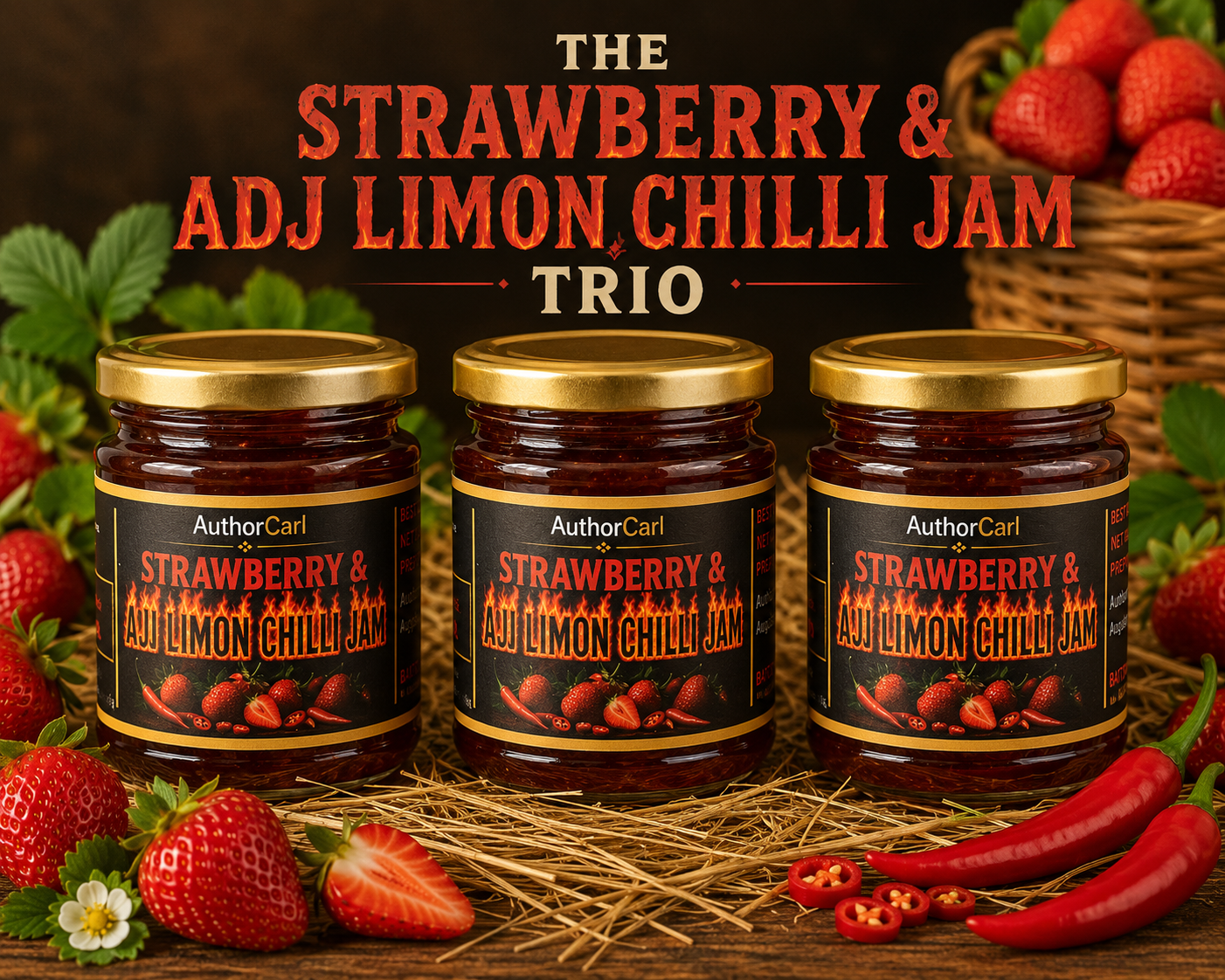 The Strawberry and Aji Limón Chilli Jam Trio with three jars of chilli jam